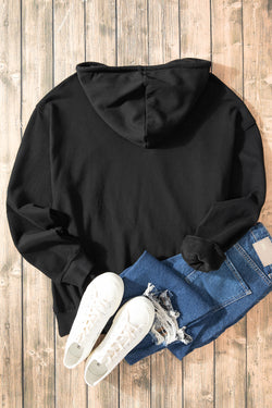 Black thick hoodie with kangaroo pocket and fleece-lined drawstring