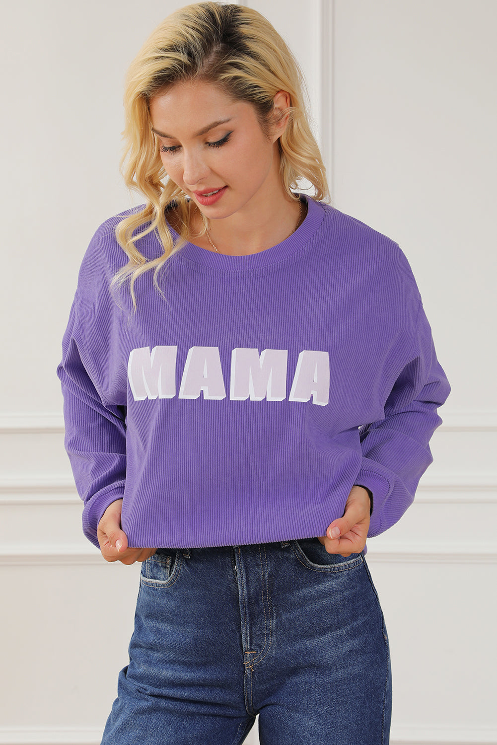 Purple Mama gerippte Crew Neck Pullover Sweatshirt