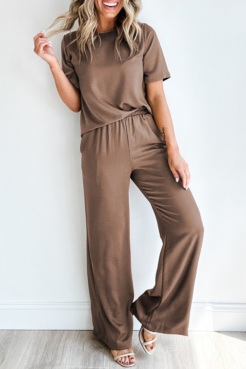 Smoke Gray Solid Color T-Shirt and Wide Leg Pants 2 Piece Set