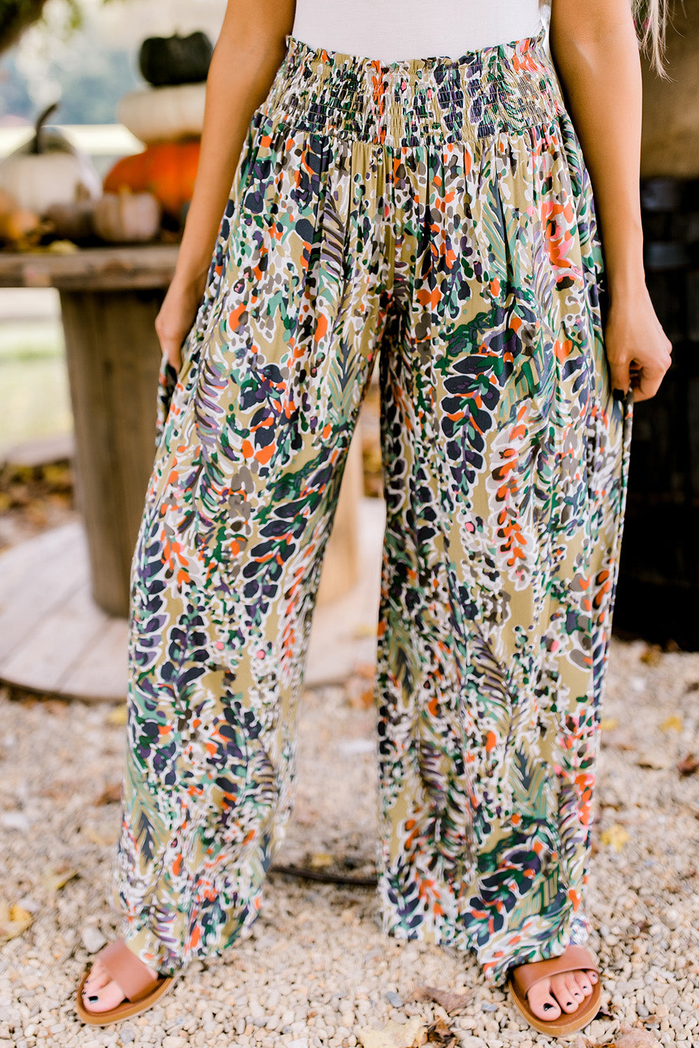 Multicolor Floral Print Shirred High Waist Wide Leg Casual Pants