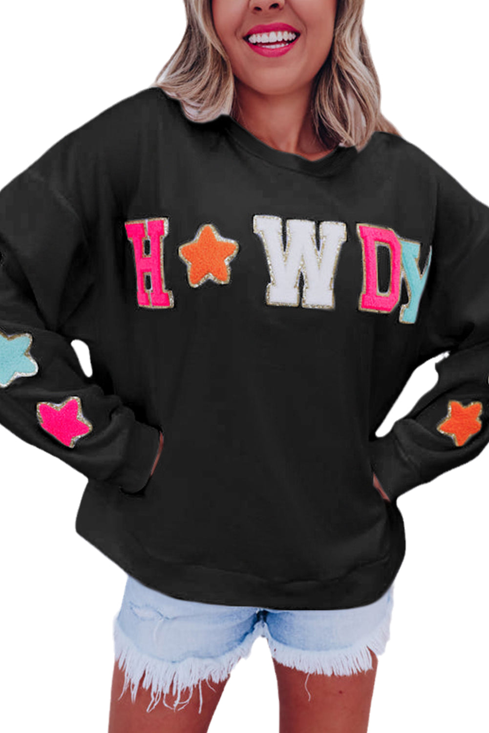 Black Howdy Glitter Chenille Patch Graphic Casual Sweatshirt