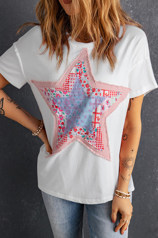 Weißes Stern Patchwork lose T-Shirt