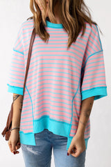 T-shirt up and down with pink stripes, oversized, contrasting border, exposed seams
