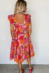 Robe mi-longue à volants et manches flottantes à volants et à volants rose