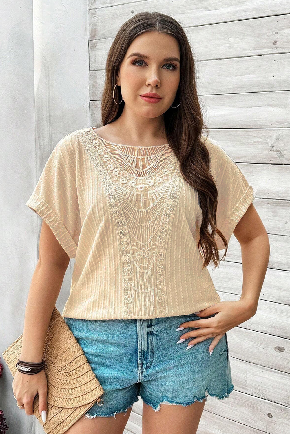 Haut Beige à Manches Courtes au Crochet de Grande Taille *