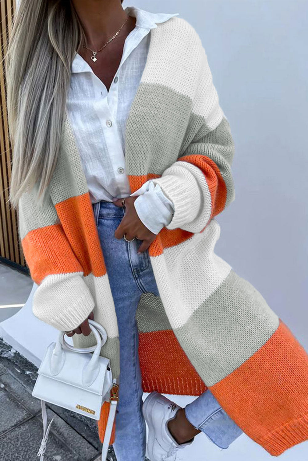 Orange Striped Color Block Drop Shoulder Midi Cardigan