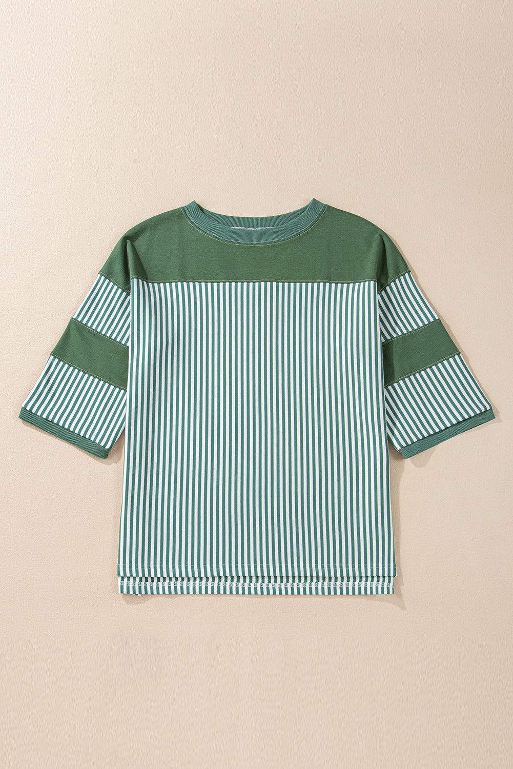 Haut décontracté à manches 3/4 et patchwork rayé vert brume
