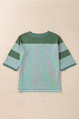 Haut décontracté à manches 3/4 et patchwork rayé vert brume