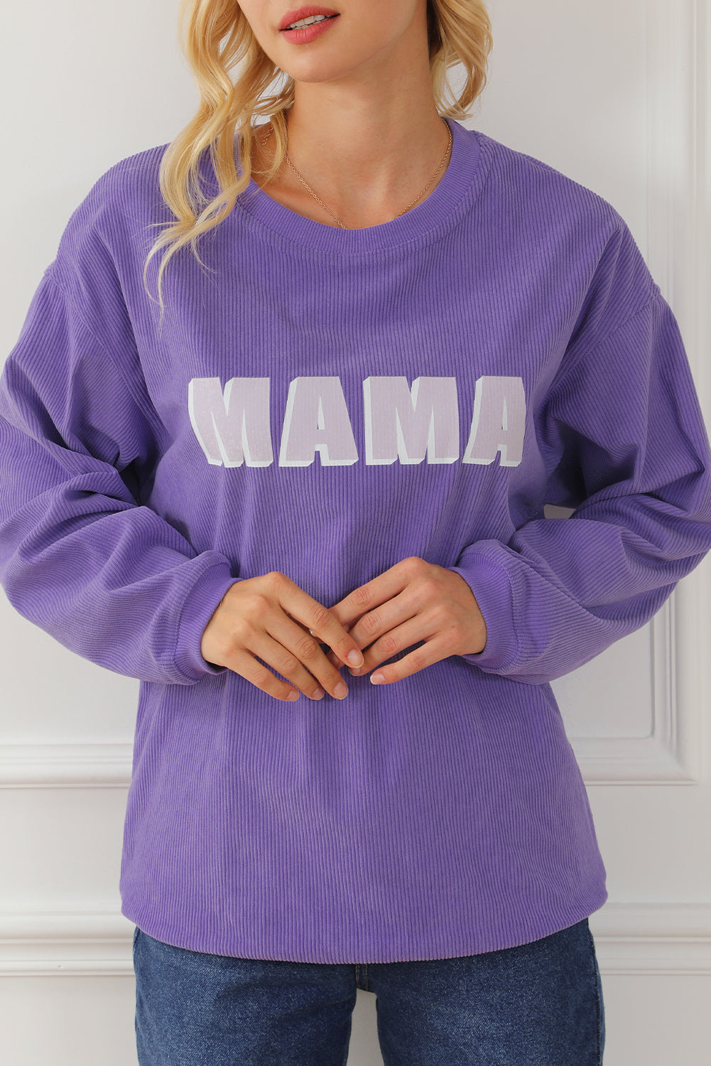 Purple Mama gerippte Crew Neck Pullover Sweatshirt