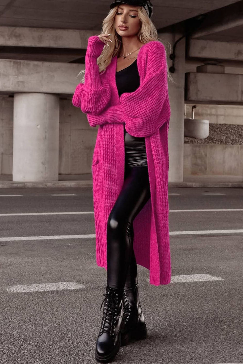 Cardigan tricoté à manches bulles et poches latérales roses-A WOMAN WE LOVE