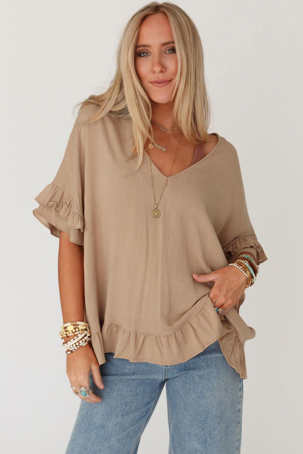 Light French beige lâche en V Ruffled Clouse