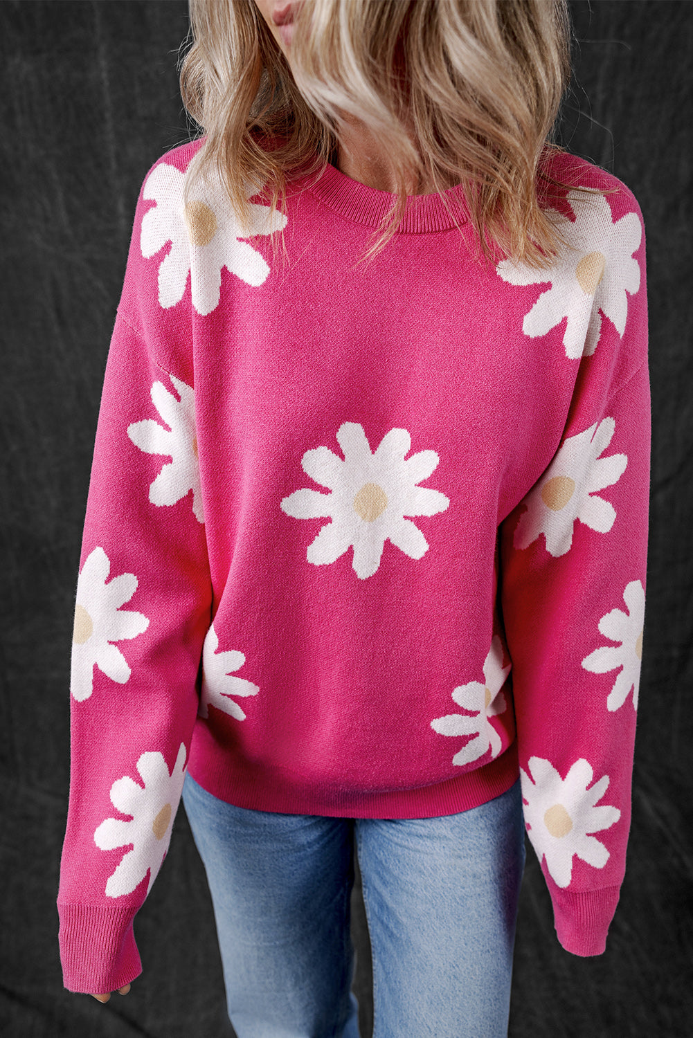 Hot Pink Daisy Flower Crew Neck Long Sleeve Sweater