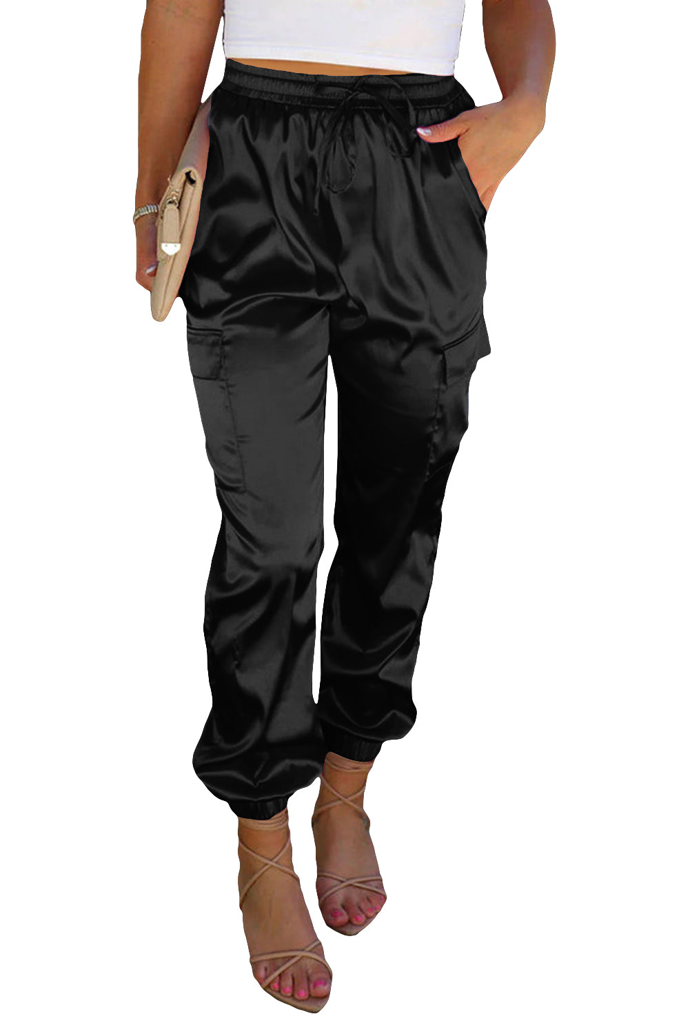 Pantalon noir en satin avec poches et cordon de serrage à taille élastique