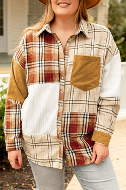 Golden Apricot - Plus Size Plaid Patchwork Button Down Jacket