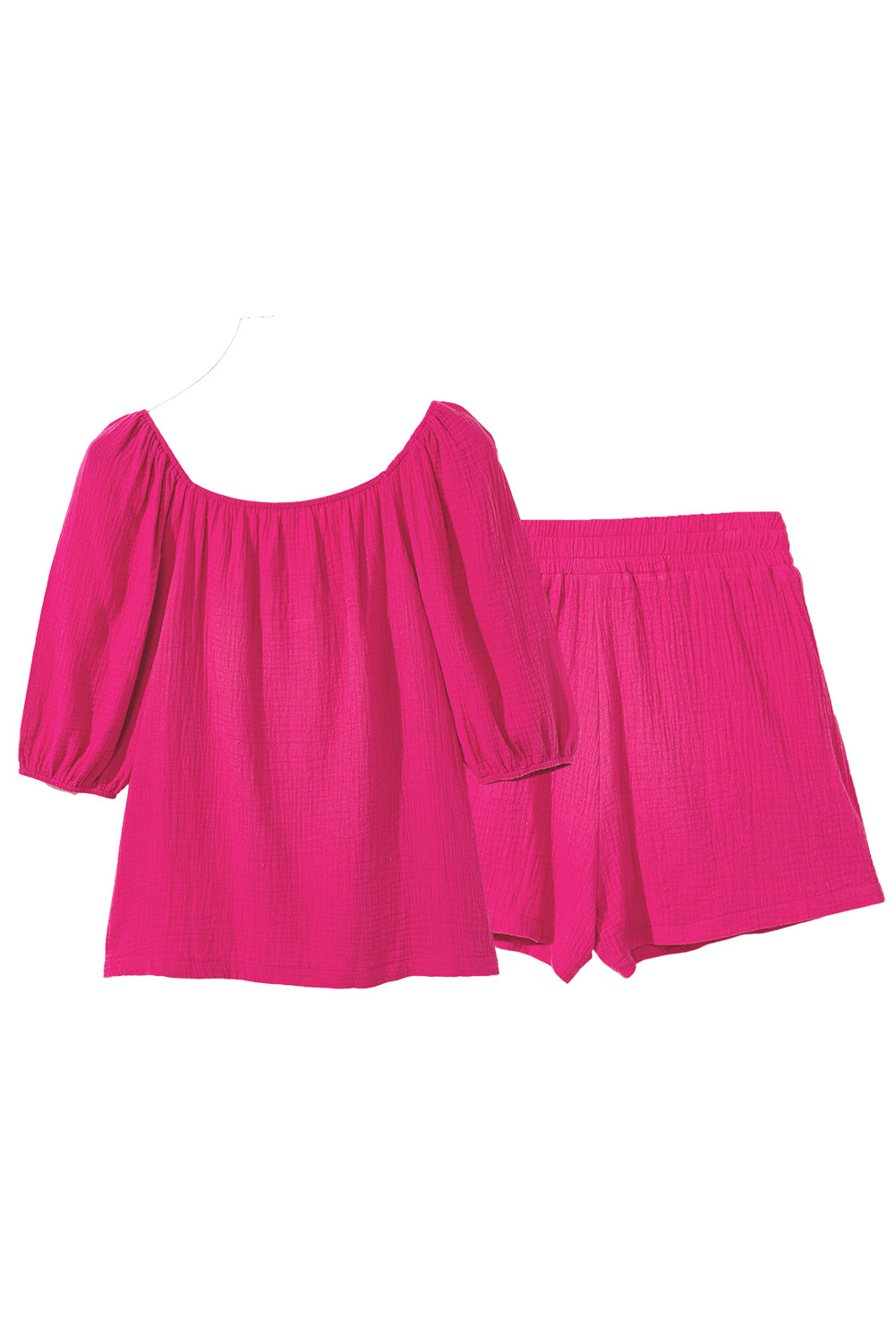 Ensemble rose vif froissé texturé à manches bouffantes et short à col carré