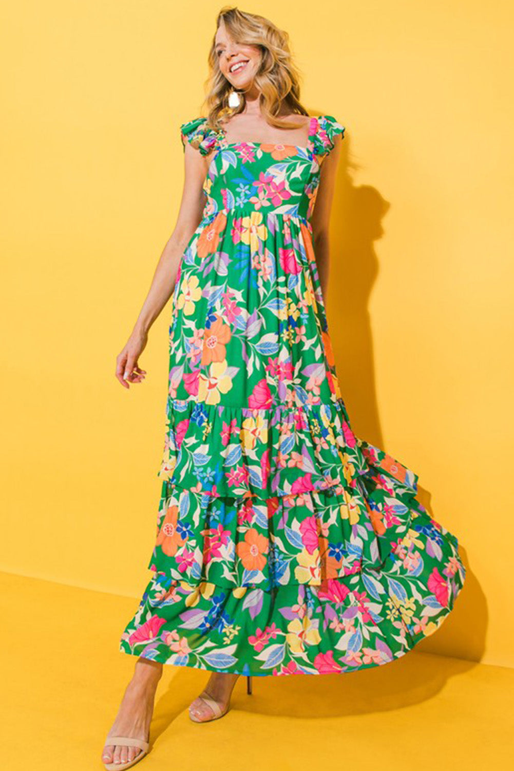 Green Floral Print Sleeveless Ruffled Maxi Dress