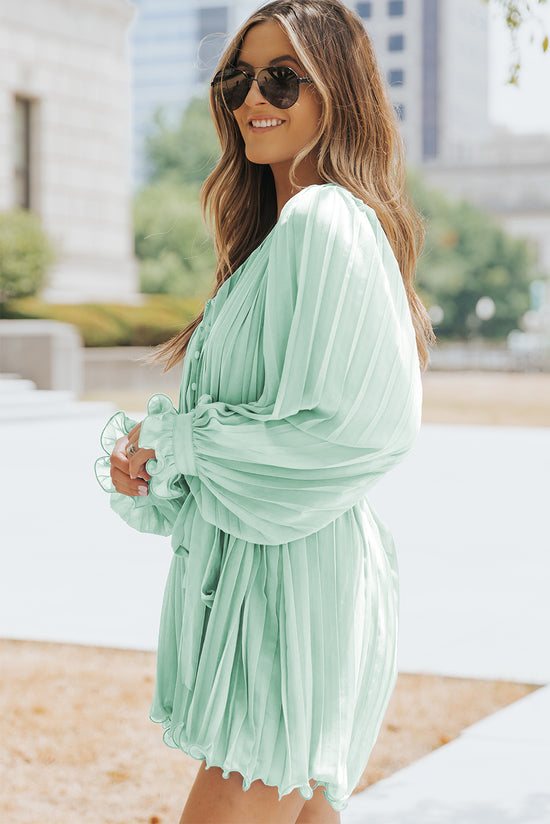 Green V-Neck Pleated Romper with Ruffles and Buttons at the Waist