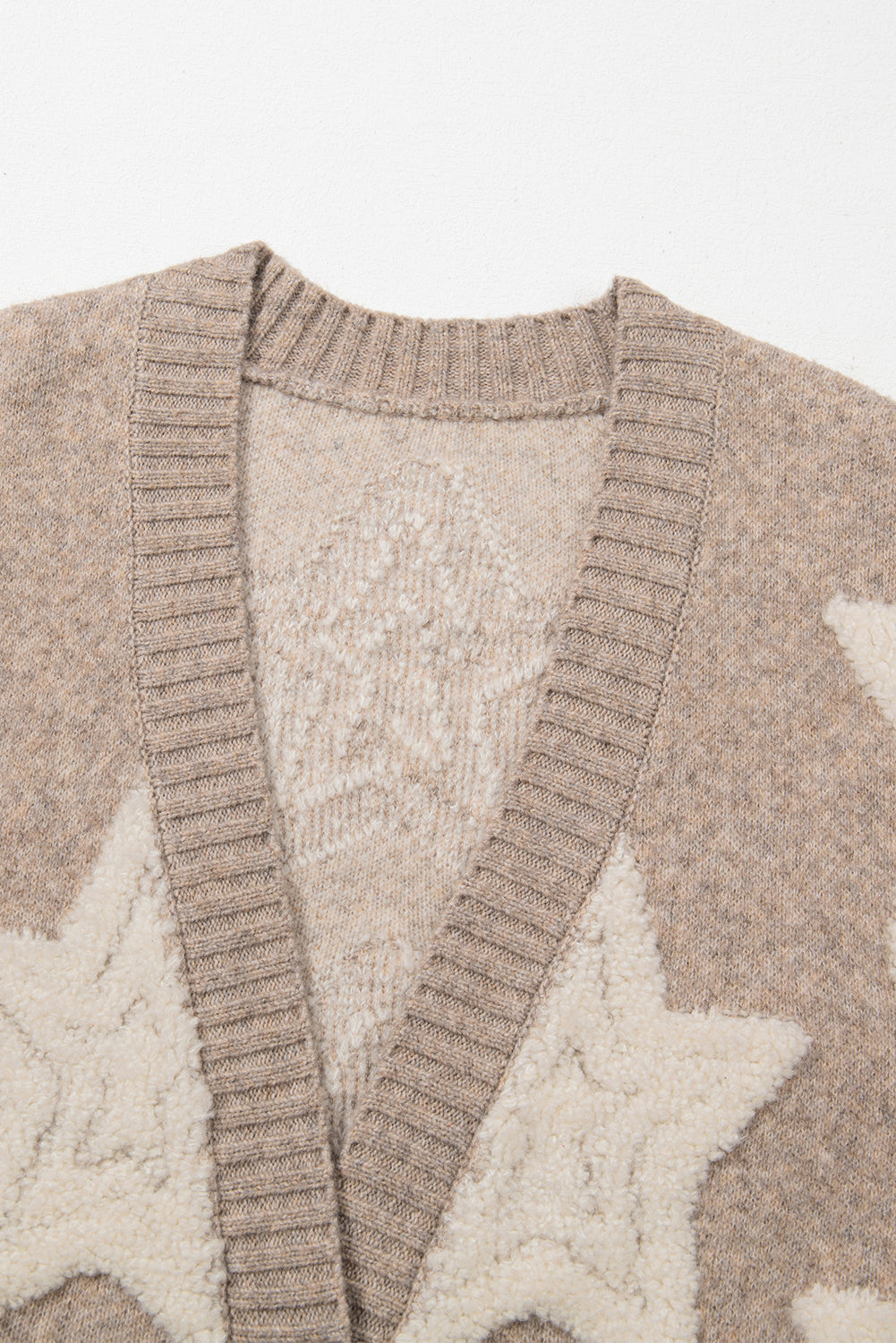 Khaki Star Pattern Sherpa Textured Sweater Cardigan with Pockets