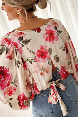 Rose flower blouse with 3/4 sleeves and laces back