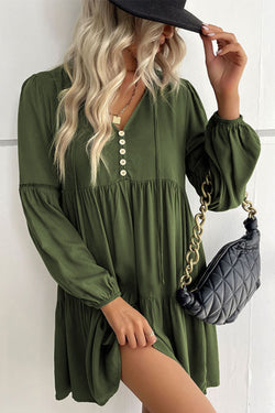 Green Ruffled Lace Button Mini Dress with Puff Sleeves and Tiered Skirts