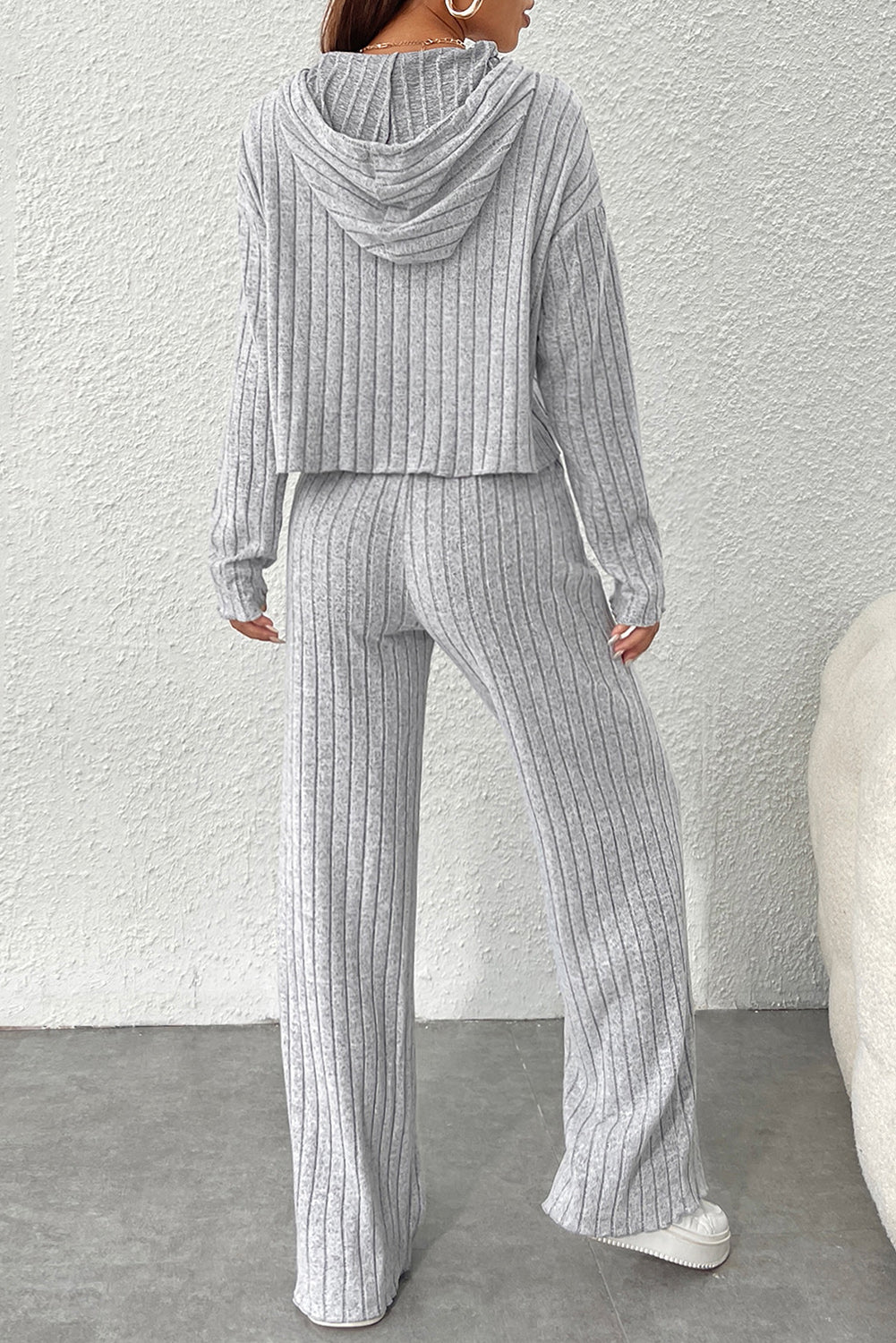 Grey Ribbed Knit Hooded Wide Leg Pant Set