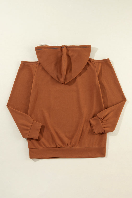 Cinnamon Exposed Seam Drawstring Off-Shoulder Hoodie