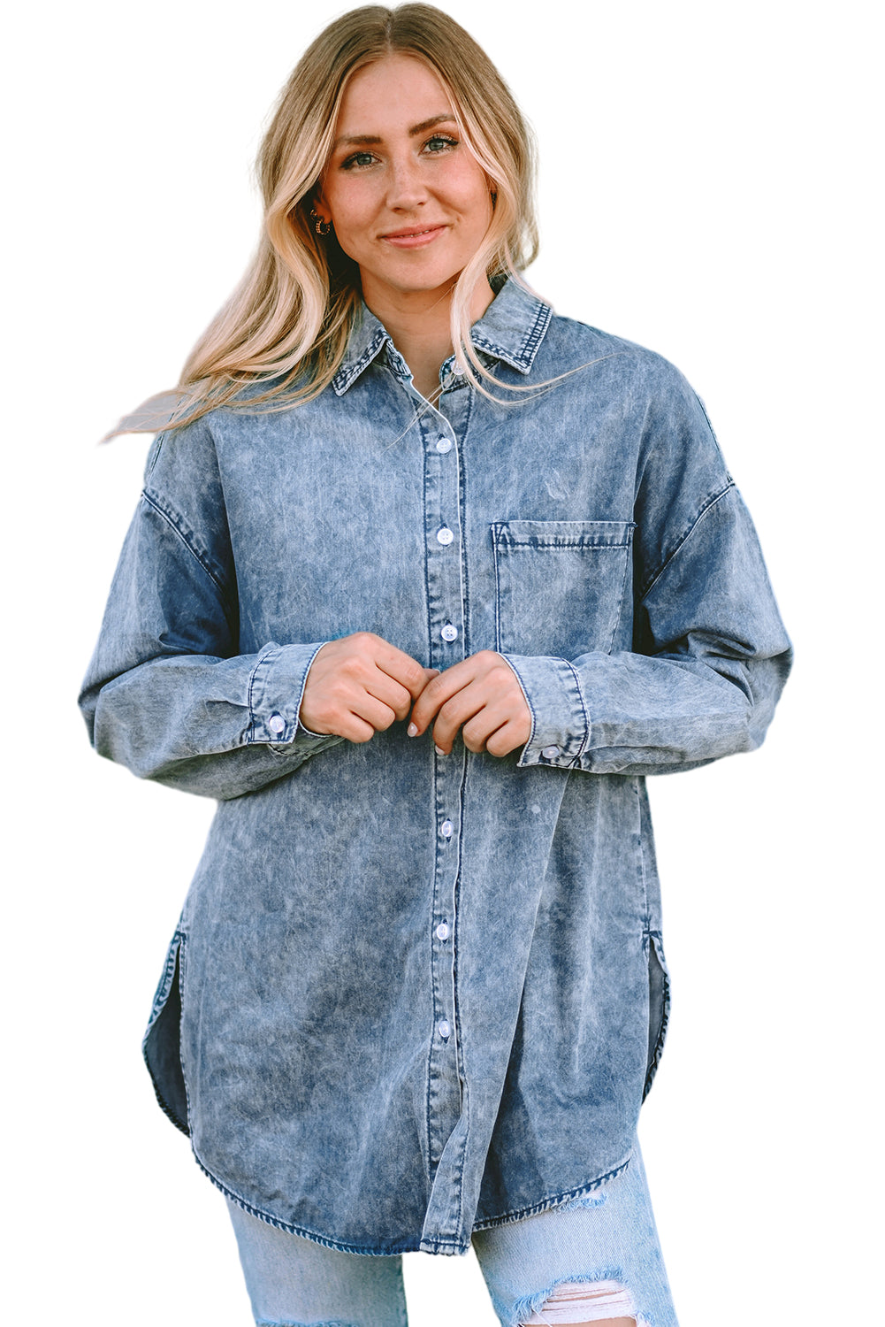 Sky Blue Vintage Washed Pocket Pocket Denim Shirt