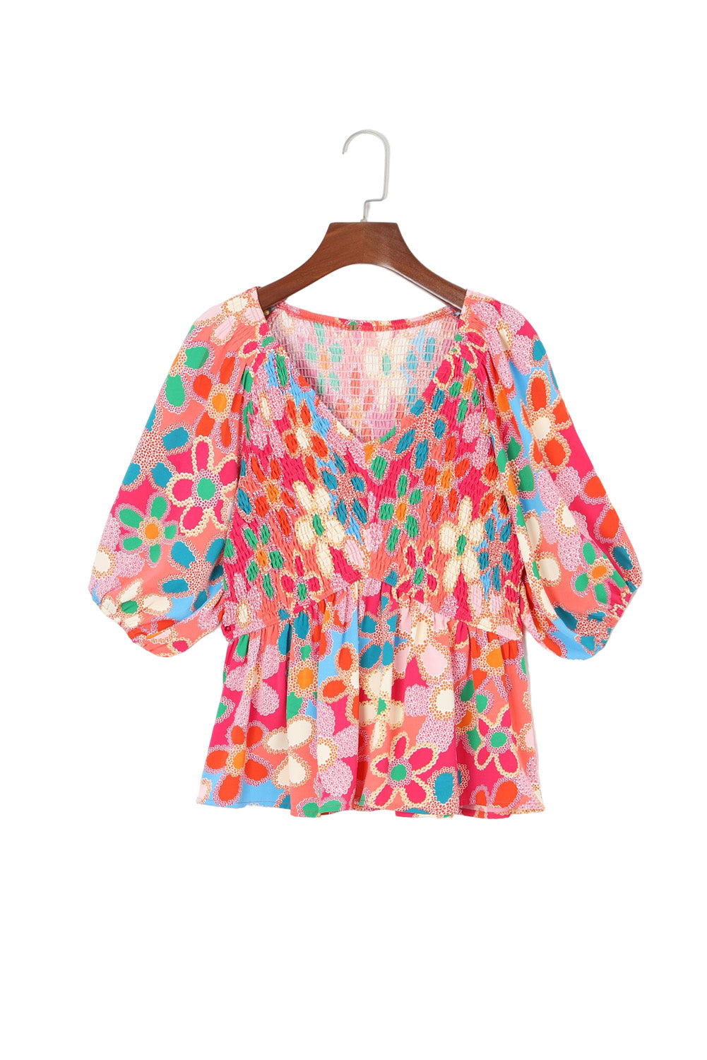 Pink Boho Flower Print Puff Sleve Peplum Top