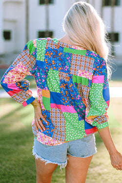 Multicolored floral print puffy sleeve shirt