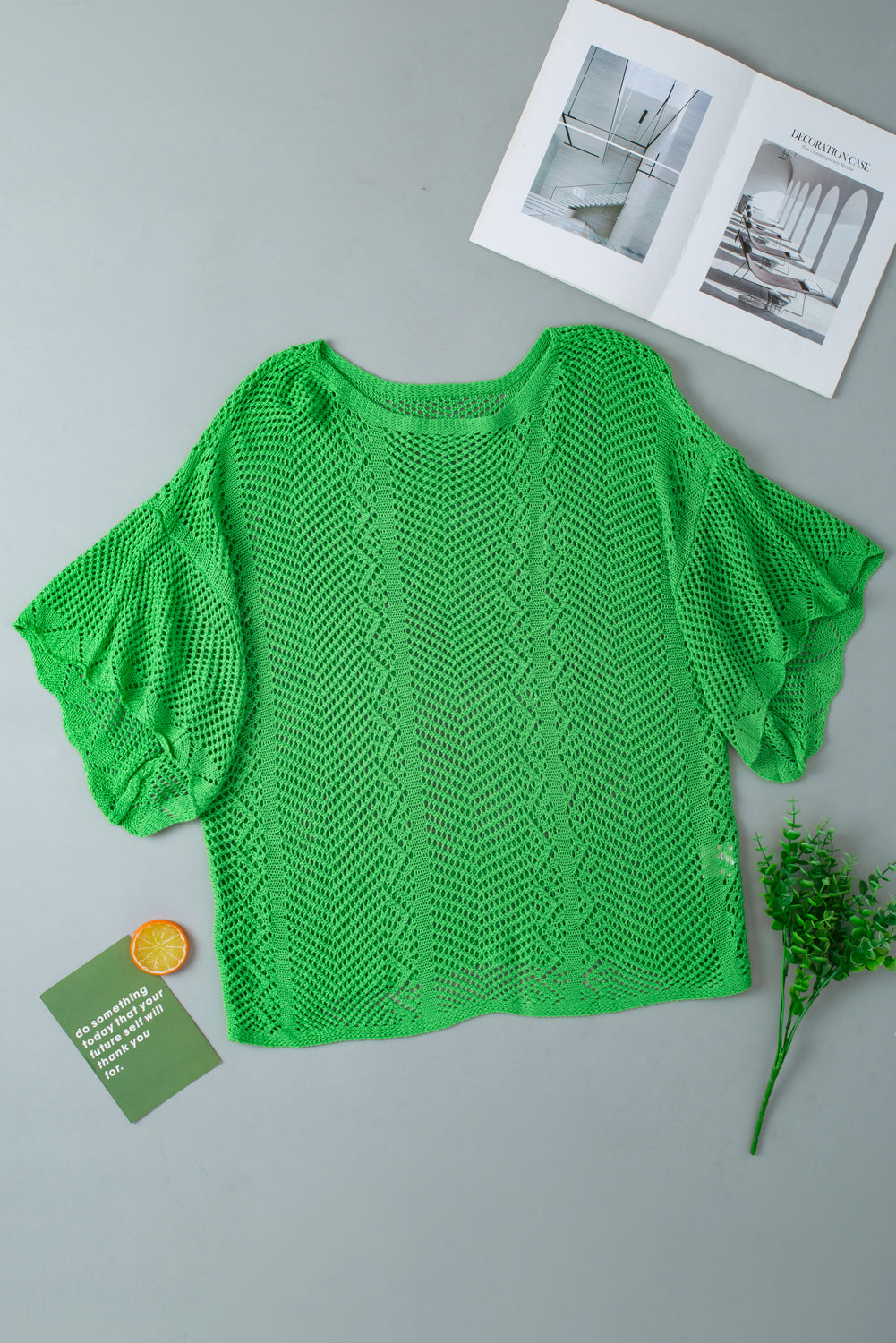 Green Pointelle Knit Scallop Edge de manga corta