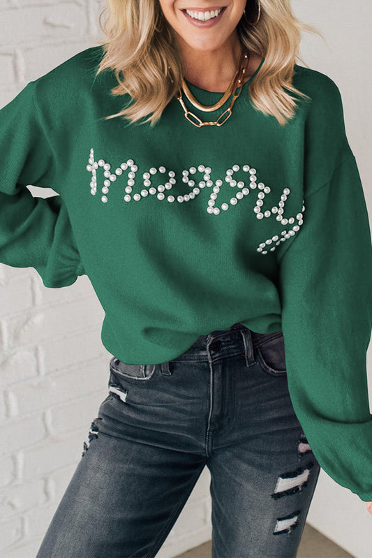 Blackish Green Beaded Cheerful Casual Sweater