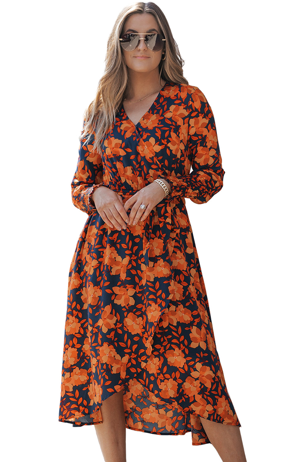 Robe en fausse enveloppe à imprimé floral orange