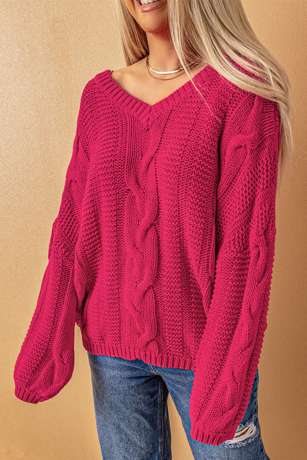 Bubblegum Pink V-Neck Braided Knit Sweater