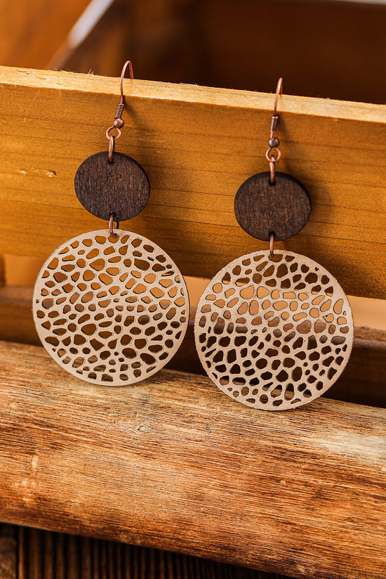 Boucles d'oreilles pendantes rondes en bois ajourées kaki