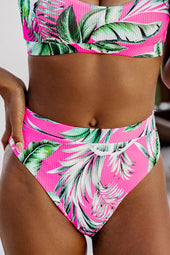 Textured bikini stockings with pink tropical print