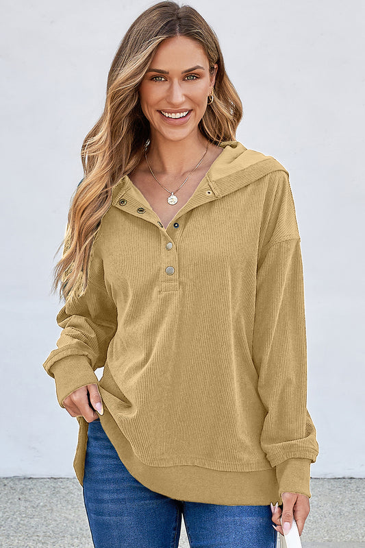 Simply Taupe Solid Ribbed Knit Button Down Drop Shoulder Oversized Hoodie