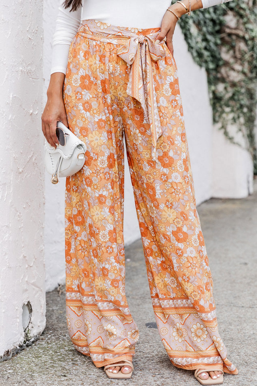 Pamplemousse Orange Cravate Taille Boho Floral Pantalon Large Jambe