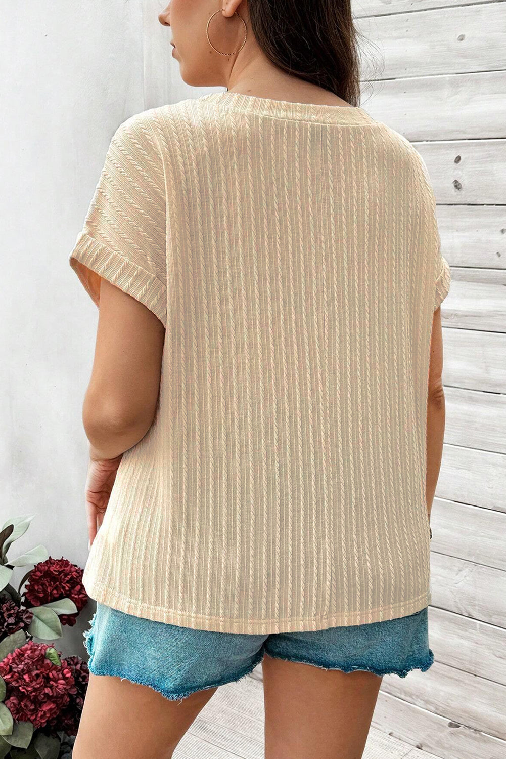 Haut Beige à Manches Courtes au Crochet de Grande Taille *