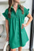 Bright green buttoned short dress with ruffled sleeves and ruched detail