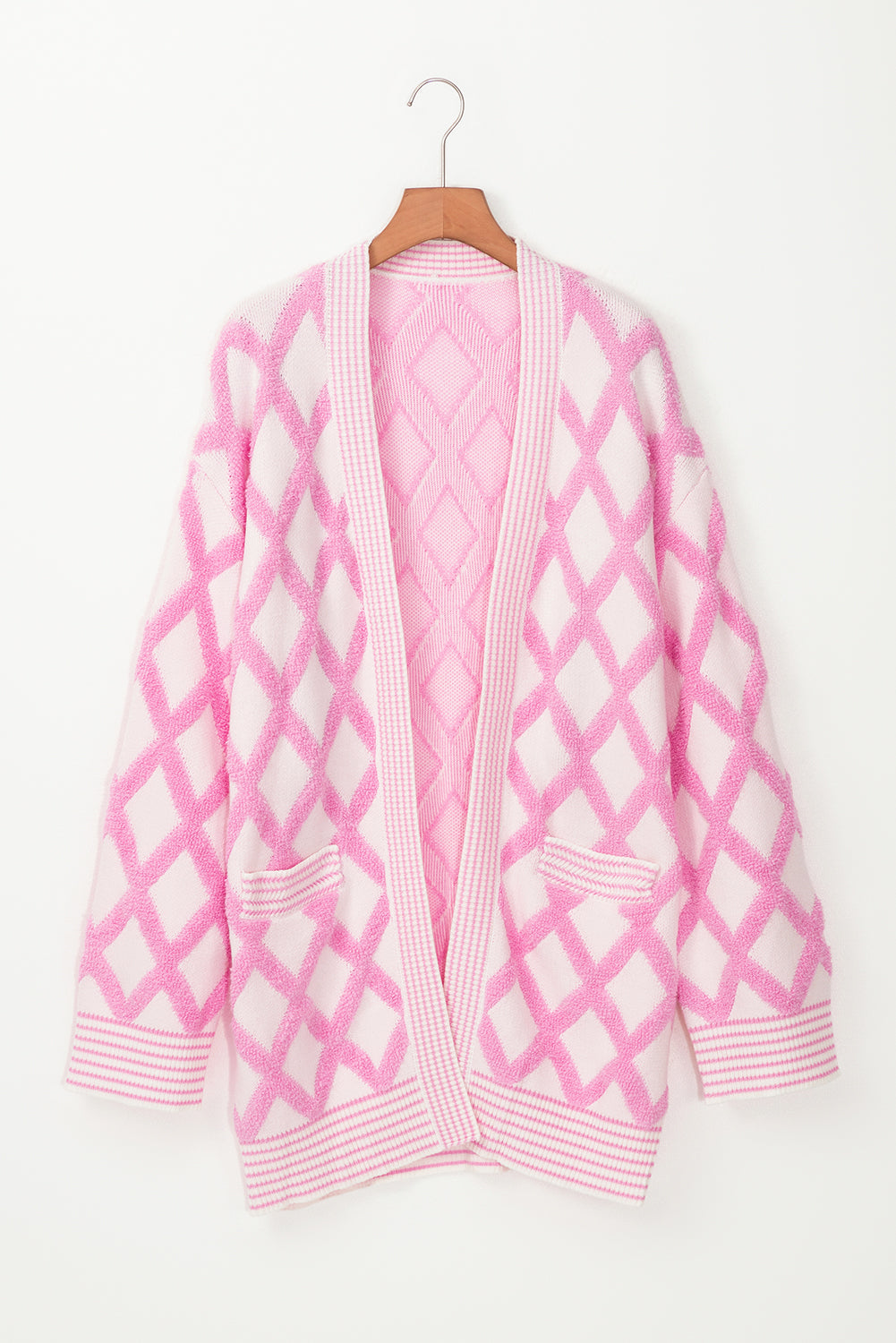 Cardigans en tricot à motif losange rose, ouverts sur le devant, avec poches-A WOMAN WE LOVE