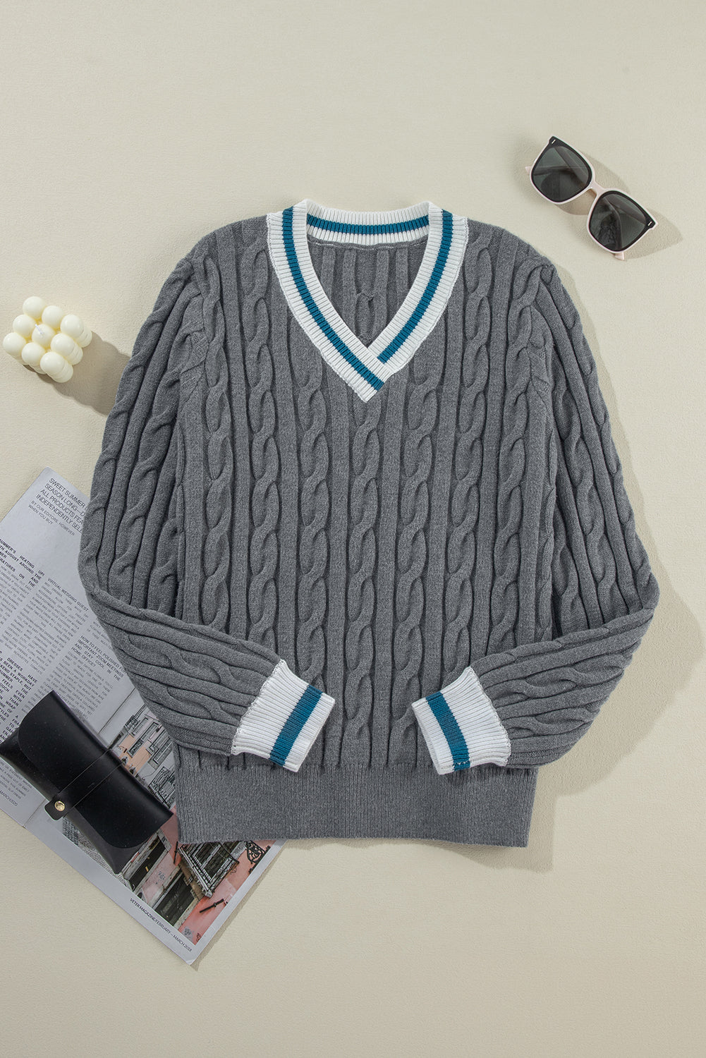 Cable knit v-neck sweater with contrasting ribbed cuffs in medium grey