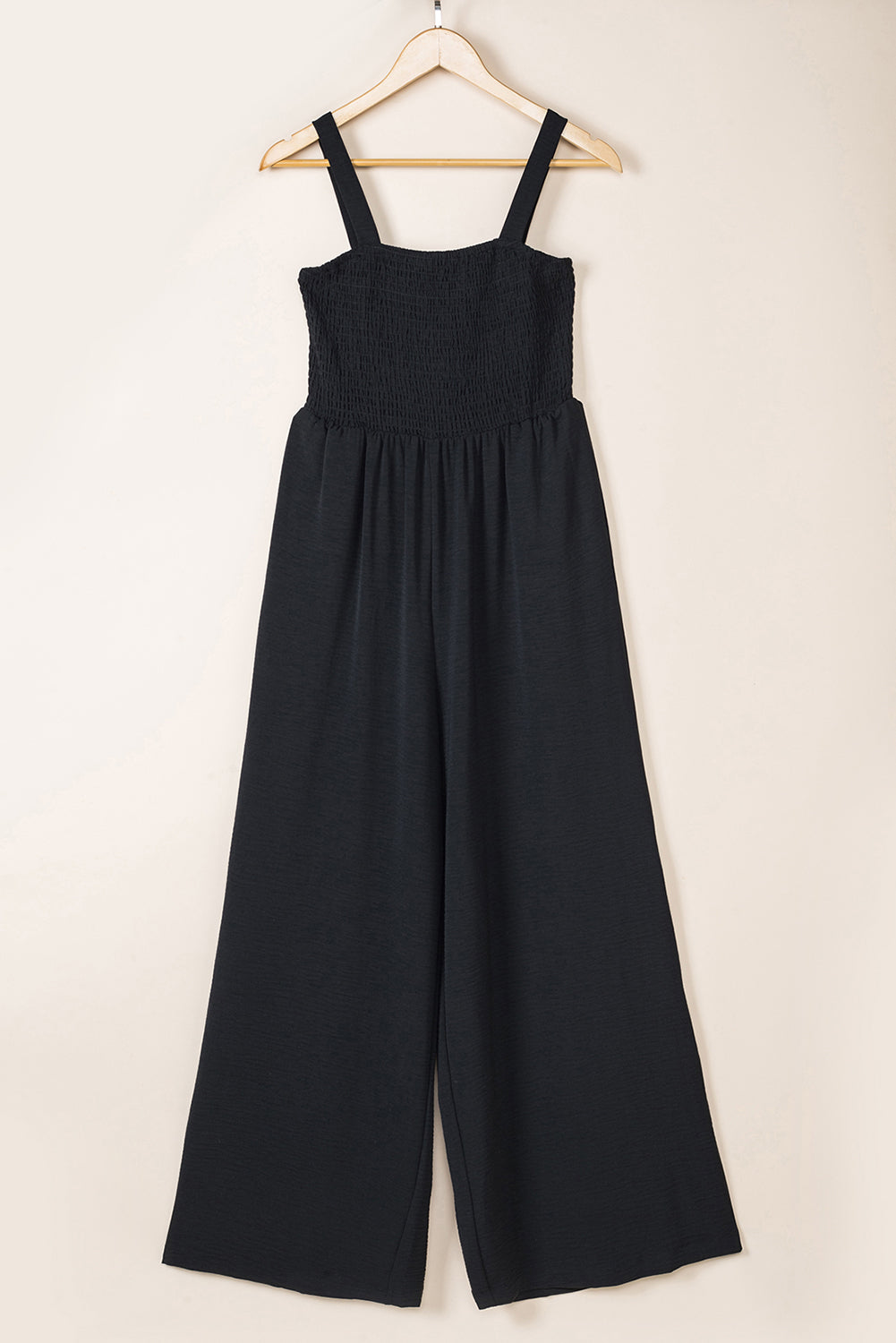 Black Smocked Sleeveless Wide Leg Jumpsuit with Pockets