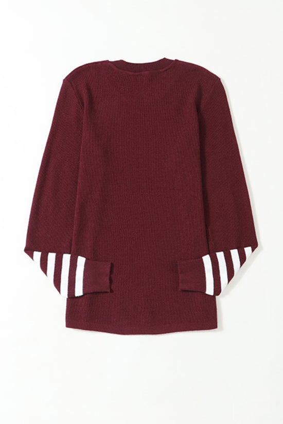 United knitting sweater with red striped sleeves