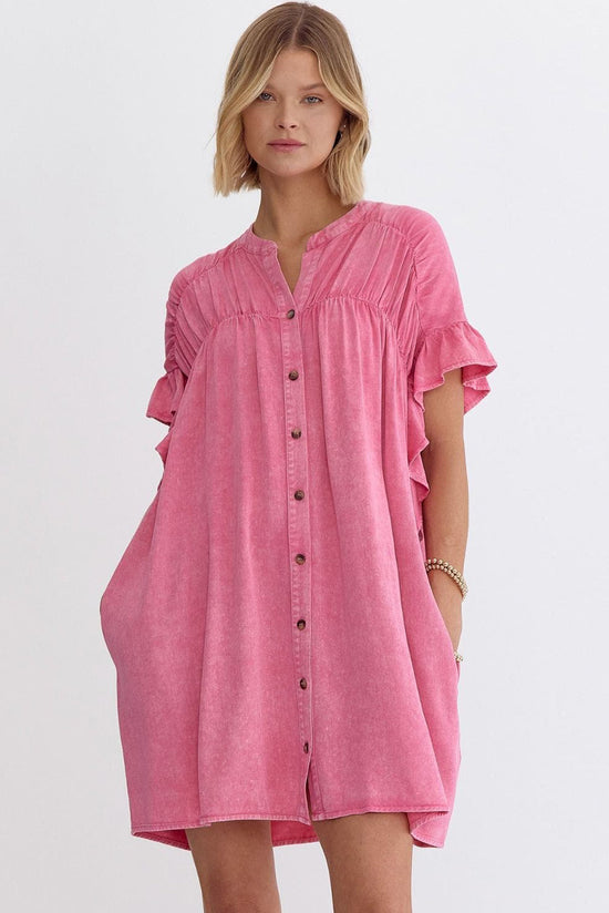 Pink Ruffle Short Sleeve Button Up Denim Mini Dress