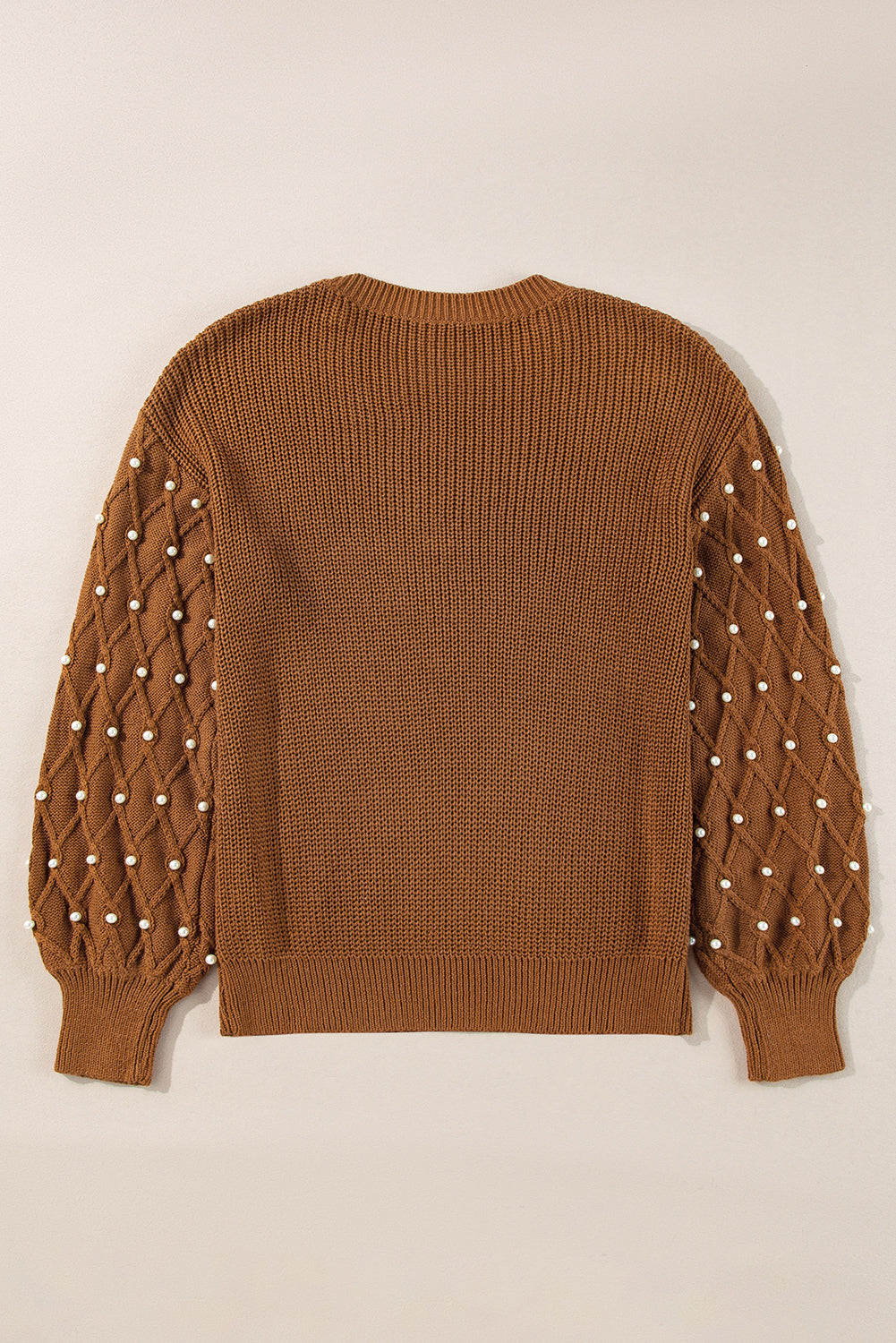 Chestnut sweater with round neck and pearl-embellished dropped shoulders