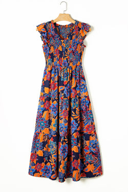 Vestido floral bohemio largo en V -neck y volantes en varios niveles de azul oscuro