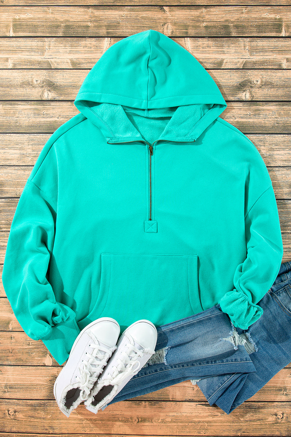 Aruba Blue Fleece Lined Loose Fit Hoodie with Half Zip and Kangaroo Pockets