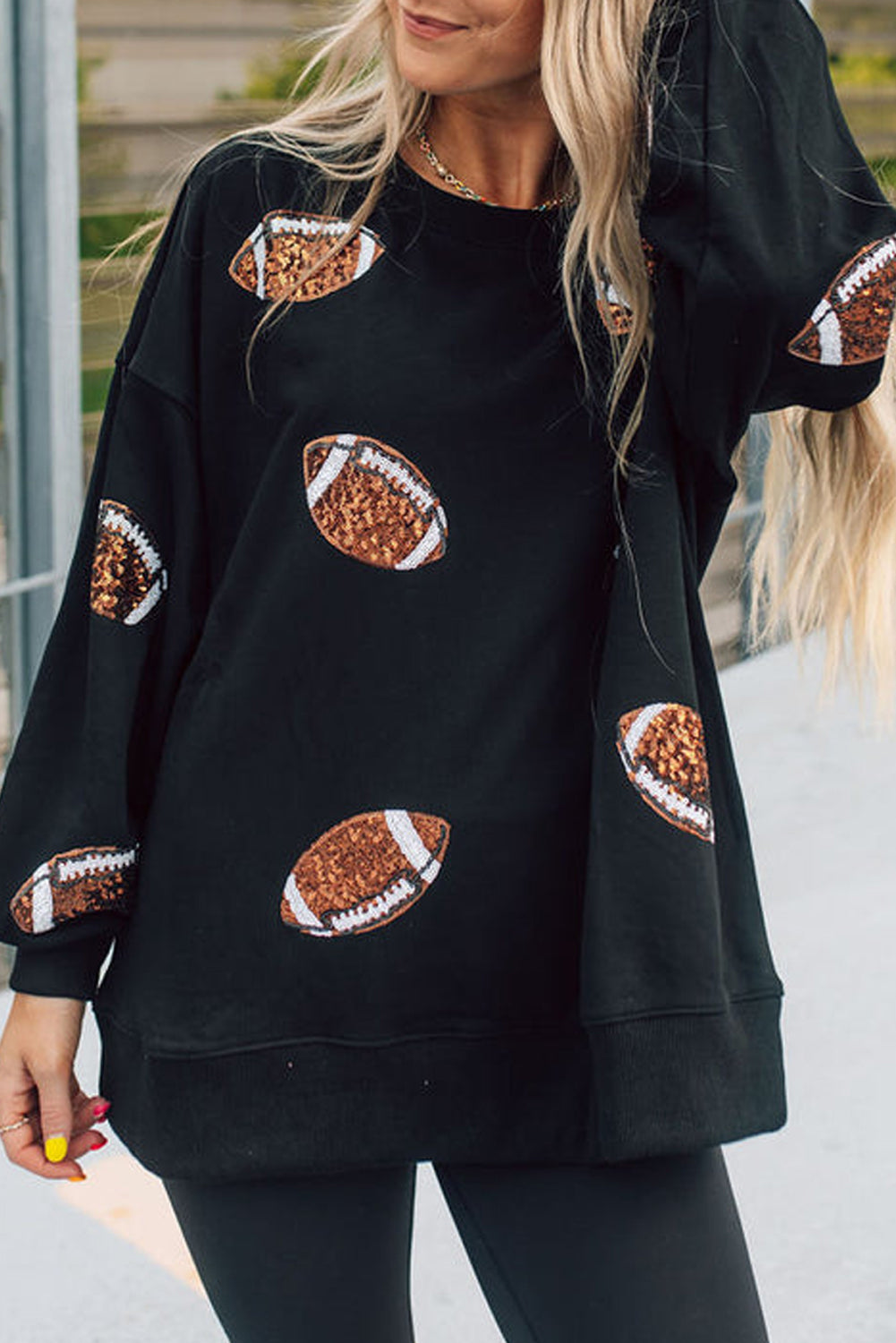 Black sequin rugby and football pattern sweatshirt