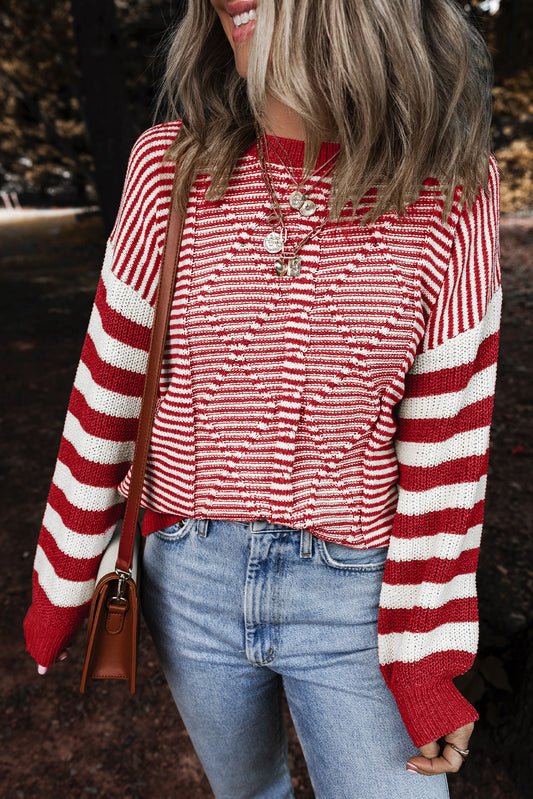 Red Striped Textured Drop Shoulder Sweater