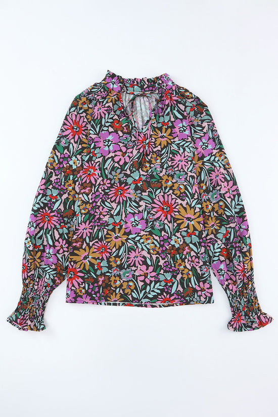 Multicolored V -collar blouse and long sleeves with ruffles and floral print